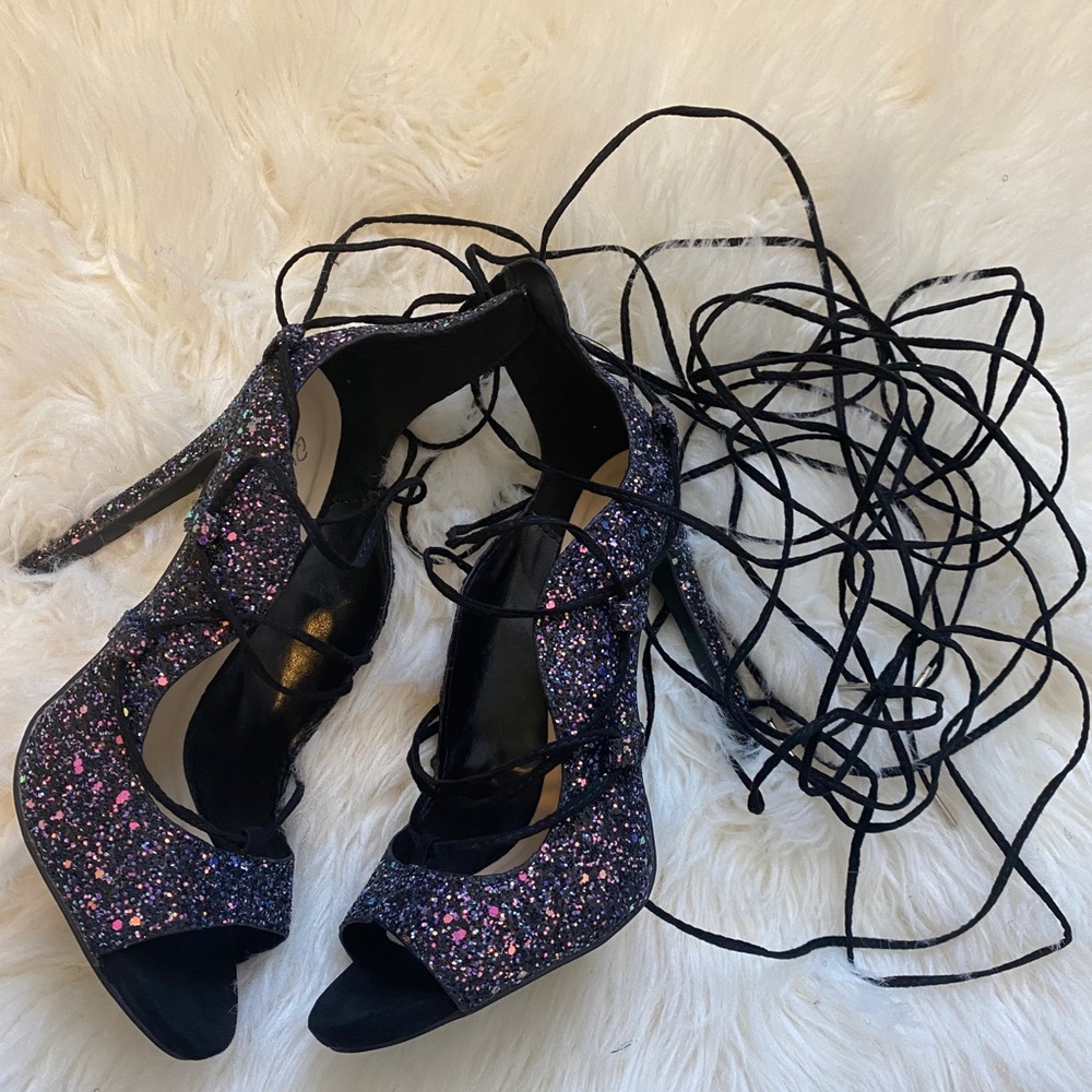Glitter open toe lace up heels